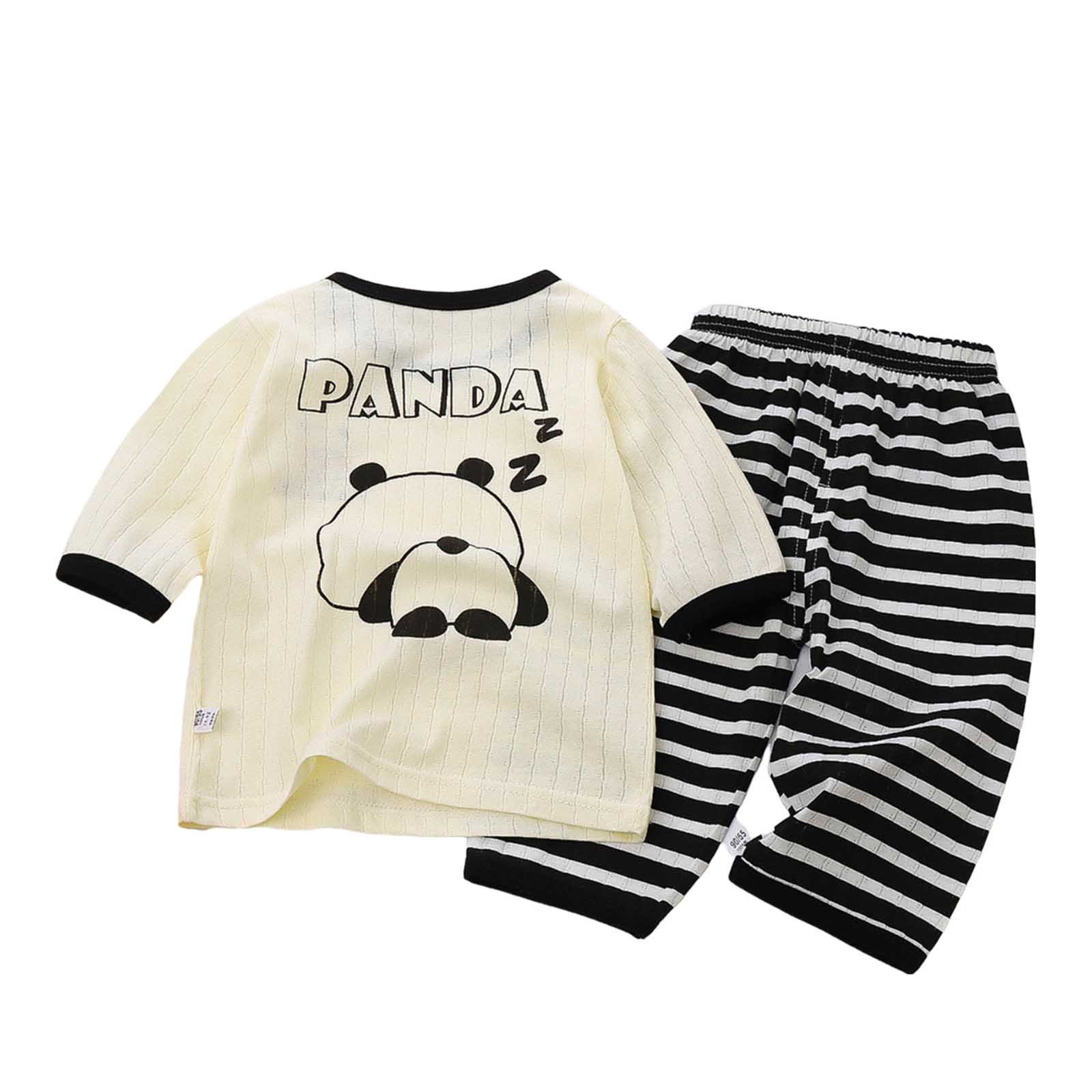 Odeerbi Toddler Boys Girls Two Piece Outfits Cotton Summer Clothes Baby Children's Winter Cute Print Short Sleeve T-shirt Striped Pants Home Clothes Suit Black